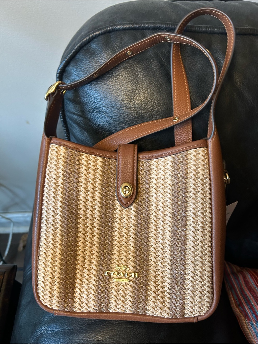 NWT Coach Mini Hadley Brown & Natural Straw Woven Shoulder Bag